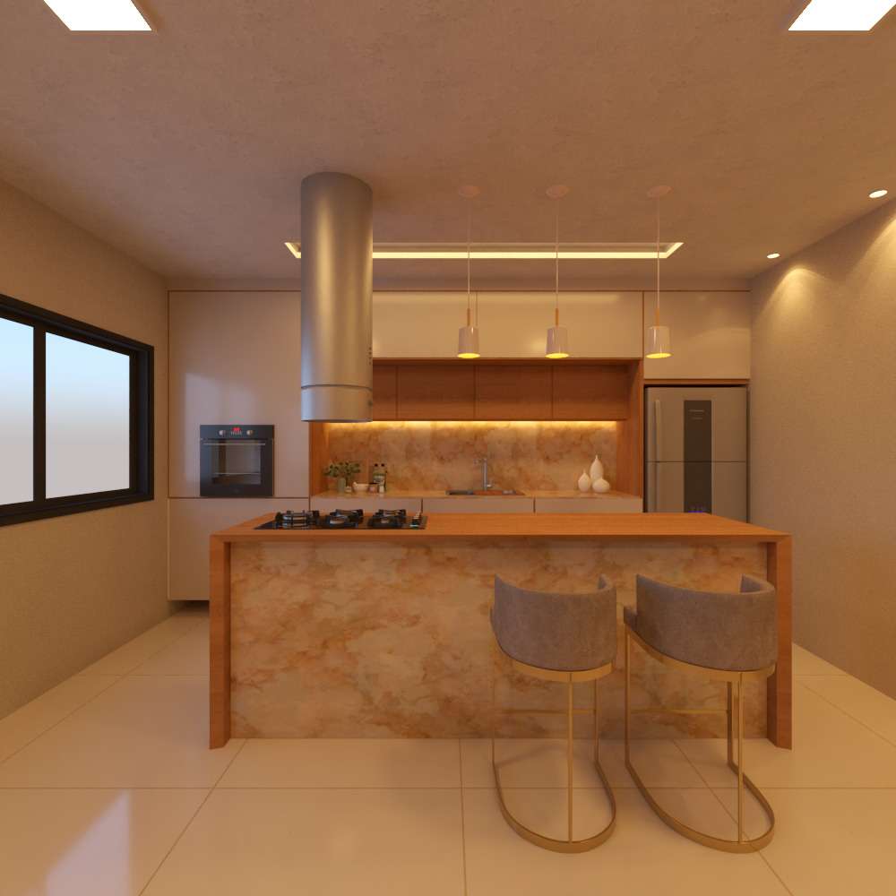 Imagem 3D de cozinha com ilha central revestida em pedra de tons quentes, cooktop, coifa cilíndrica e banquetas.