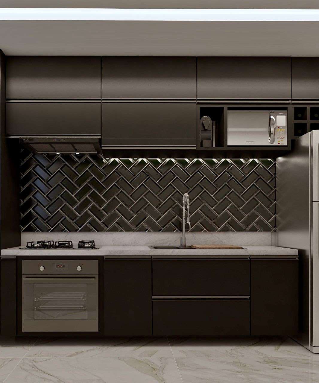 Imagem 3D de cozinha com armários pretos, revestimento preto em espinha de peixe, forno embutido e luz sob os armários.