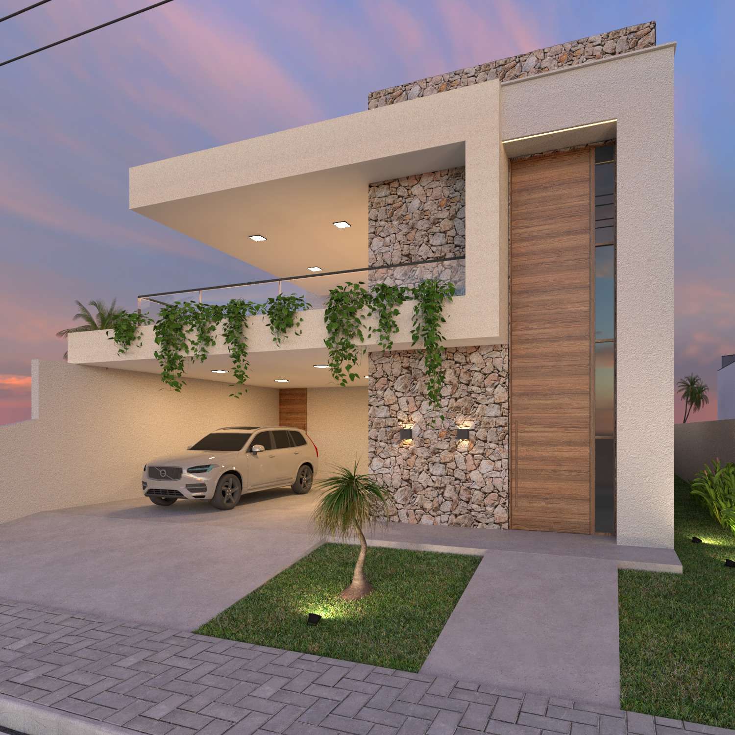 Imagem 3D de casa ao entardecer com parede de pedra, painel de madeira, jardineiras com plantas pendentes e garagem iluminada.
