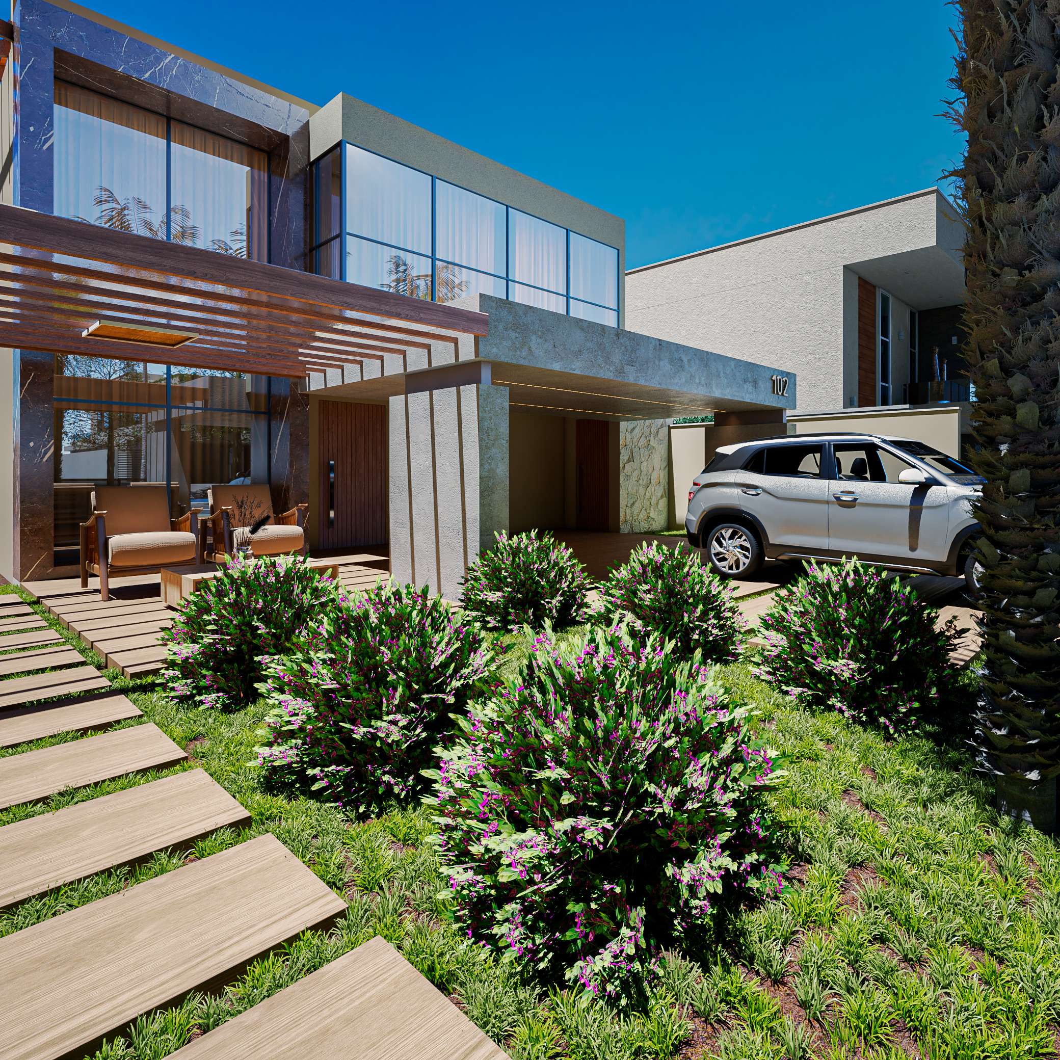 Imagem 3D de casa com pergolado de madeira, fachada de vidro, jardim com arbustos floridos e caminho de pisantes de madeira.