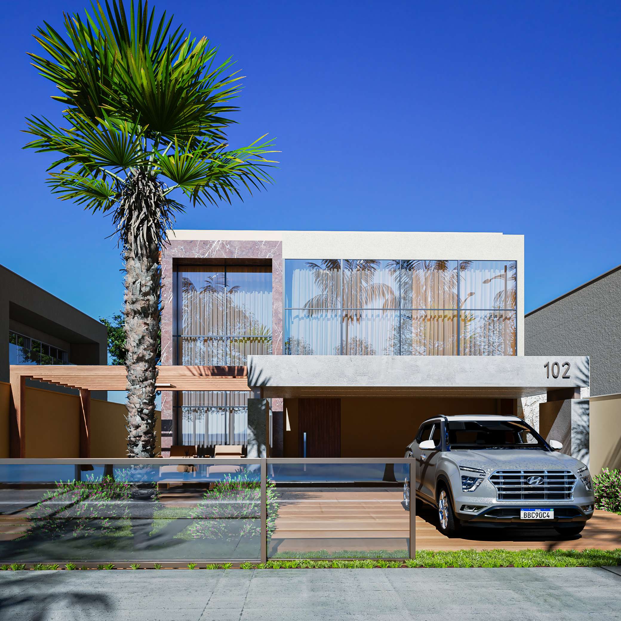Imagem 3D de sobrado com fachada de vidro e cortinas, palmeira na frente, carro na garagem e céu azul.